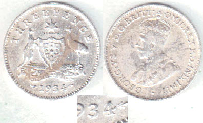 1934/33 Australia silver Threepence (o-date) gF/aVF A003183
